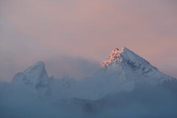 Watzmann mountain range at sunrise in winter, bavarian alps