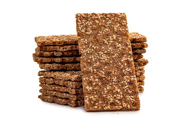 Isolated stack rye, wheat crisp bread cookie on white background. Isolated Snack Bread.