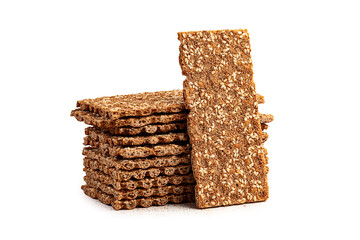 Isolated stack rye, wheat crisp bread cookie on white background. Isolated Snack Bread.