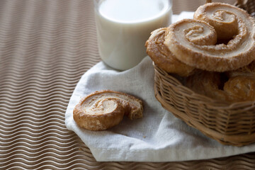 homemade cookies with milk close-up on a beg background