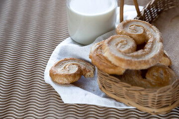 homemade cookies with milk close-up on a beg background