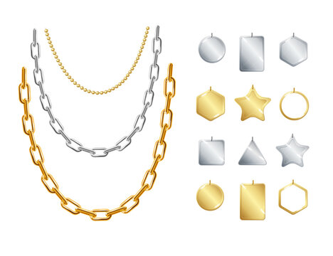 Realistic Detailed 3d Gold and Silver Chain Necklace with Pendants Set. Vector