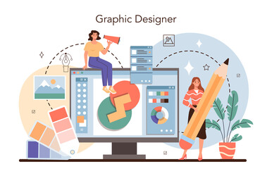 Designer concept. Advert designer or graphic illustrator. Artist creating - obrazy, fototapety, plakaty