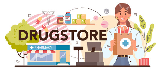 Drugstore typographic header. Pharmacist selling drugs in bottle and box