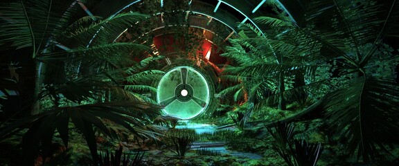 Neon glowing green airlock hatch surrounded by tropical trees. 3D illustration with aethetics of synthwave style. Retro futuristic composition. Retrowave wallpaper. - obrazy, fototapety, plakaty