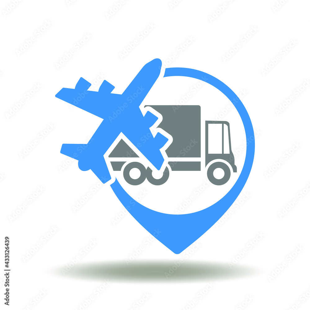 Poster location map pointer with aircraft and truck vector illustration. shipping symbol. shipment logistic