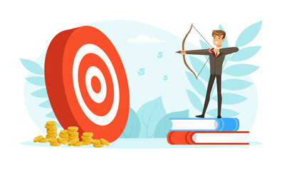 Successful Businessman Aiming the Target, Business Person Reaching for Target and Goal Vector Illustration