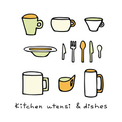Vector illustration of cutlery and plates in doodle style. Plate, mugs, forks, knives and spoons. Lettering Kitchen utensils and dishes. Icons can be used to illustrate cafe menu, kitchen decor