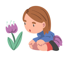 Curious Girl Sitting Near Blooming Flower Studying Plant and Exploring Environment Vector Illustration