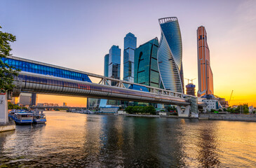 Obraz na płótnie Canvas Skyscrapers of Moscow City business center and Moscow river in Moscow at sunset, Russia