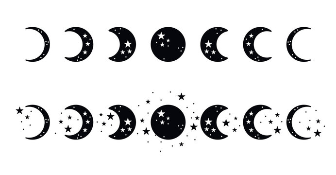 Moon phases silhouettes with stars.