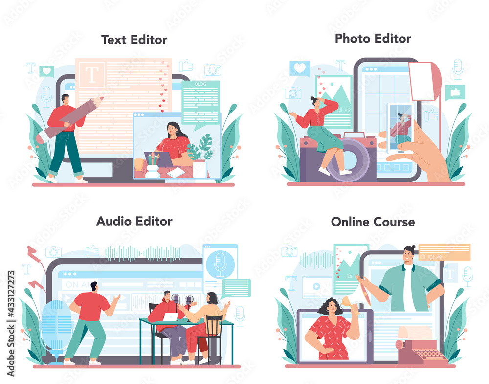 Poster blogger online service or platform set. sharing media content in the internet
