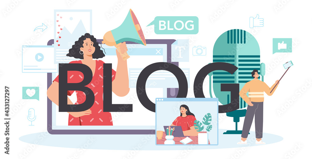 Poster blog typographic header. sharing media content in the internet
