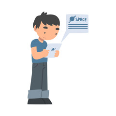 Curious Little Boy Reading Booklet about Solar Planets Studying Space and Galaxy Vector Illustration