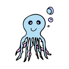 Colored octopus with air bubbles in doodle style. Hand drawn icon and symbol for printing on baby clothes, sticker, textiles, menu design.