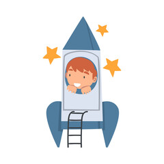 Smiling Boy Playing with Spacecraft Pretending Being Astronaut Vector Illustration