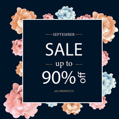Sale. Shop. September. Season. Fall. Web. Blue background. Flowers. Discounts up to 90% percent. Vector. Illustration. Delivery. Goods and services. Roses are varied. Invitation