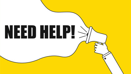 Need Help Megaphone Announcement isolated on yellow background.