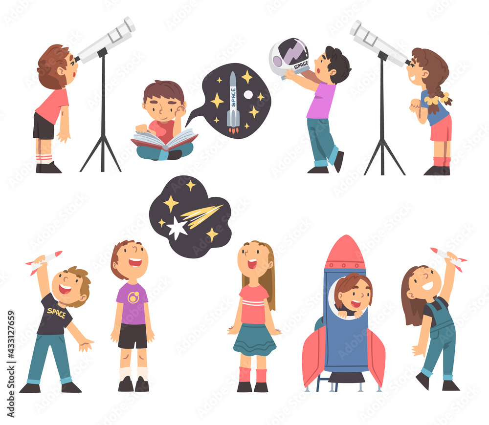 Poster children characters studying space and galaxy dreaming of being astronaut and playing with spacecraf