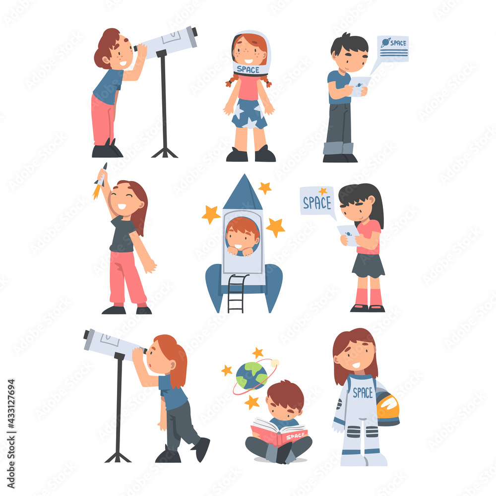 Poster children characters studying space and galaxy dreaming of being astronaut and playing with spacecraf