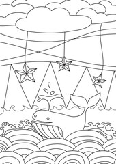 coloring book Sea and whale cute line art hand drawn artwork vector illustration a4