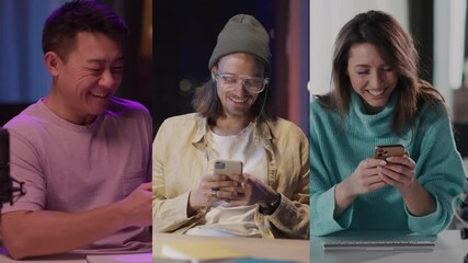 Multi-ethnic casual people, young beautiful woman and two handsome males using mobile phone social media application in stylish homes. Multiscreen. - Powered by Adobe