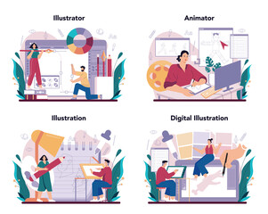 Illustration designer set. Artist drawing picture for book and magazines