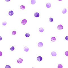Lilac, lavender, purple vector watercolor round spots, polka dots seamless repeat vector pattern. Watercolour uneven blobs, smears, circle shape brush strokes. Hand drawn painted dotty background.