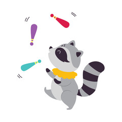 Circus Raccoon Animal with Striped Tail Juggling with Bowling Pins Performing Trick Vector Illustration