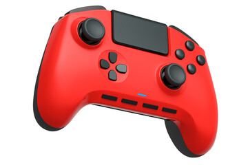 Realistic red video game joystick on white background