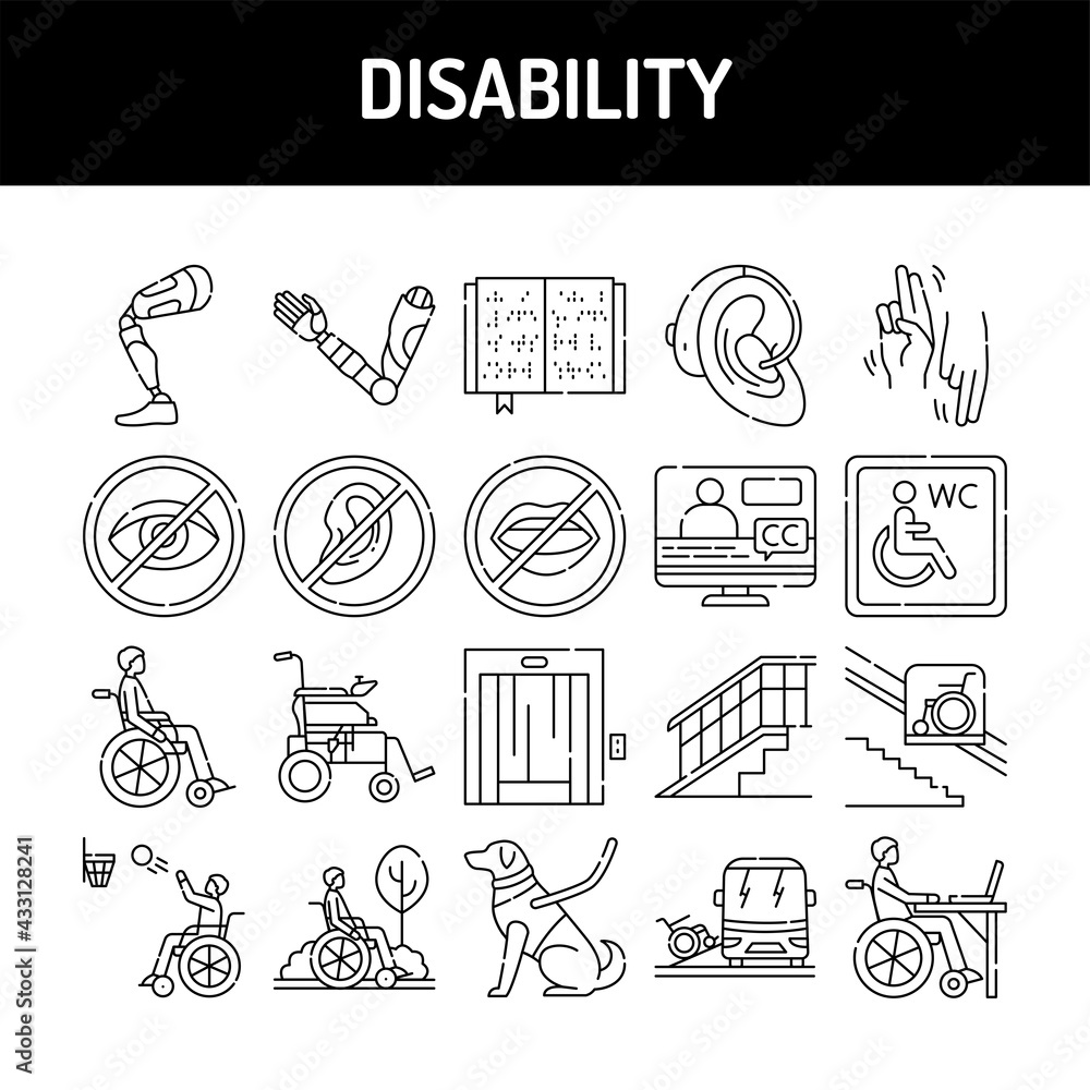 Poster disability line icons set. isolated vector element.