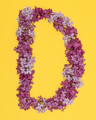 The letter D is lined with lilac flowers on a yellow background. For lettering, composing words.