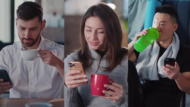 Multi-ethnic young people with various lifestyle casual routine stayuing homes using mobile phone smilng communicating. Multi-screen portraits.