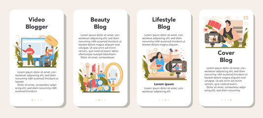 Video blogger mobile application banner set. Sharing video content