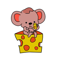 Mouse or rat with cheese. Cartoon illustration, funny mouse eats cheese.