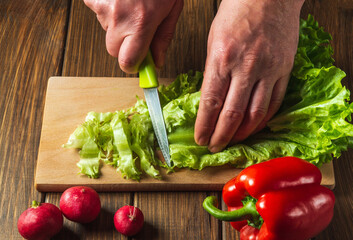 Cooking salad in the restaurant kitchen. Chef is hands close-up cut salad greens. Set of vegetables for a salad diet