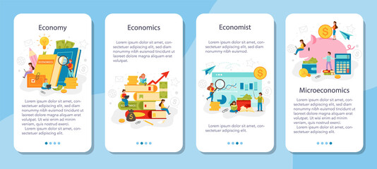 Economy school subject mobile application banner set. Student studying