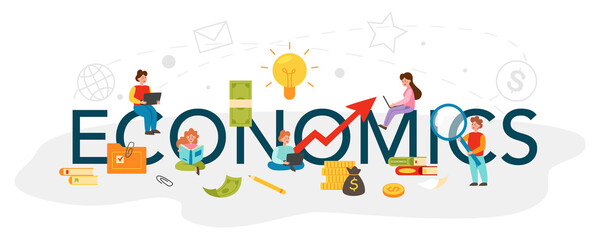 Economics typographic header. Student studying economics and budget.