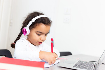 Smart schoolgirl doing her homework with laptop at home. Distance education and learning for children. Homeschooling during quarantine.