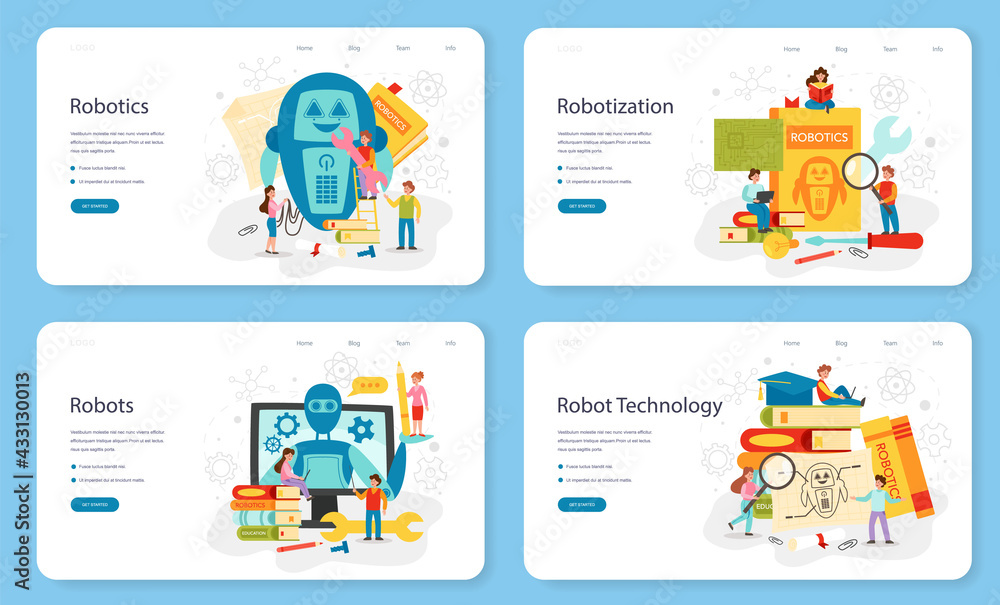 Poster robotics school subject web banner or landing page set. robot engineering