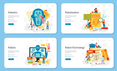 Robotics school subject web banner or landing page set. Robot engineering