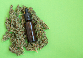 bottle with cannabis oil on a green background. CBD THC extract and medical cannabis inflorescence.