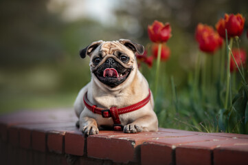 pug in tulips