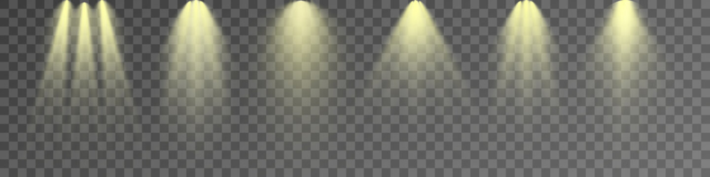 Set Of Spotlight Isolated On Transparent Background. Vector Glowing Light Effect With Gold Rays And Beams. PNG. Vector Illustration