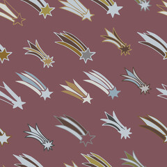 Seamless abstract vector pattern with colorful falling stars in pastel colors on red