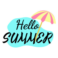 text hello summer on blue spot with beach umbrella in yellow and red colors isolated on white background