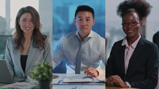 Multiscreen Collage of Successful Young Multi-Race International Business People Working in Office Executing Duties Smiling Positively. Portraits.