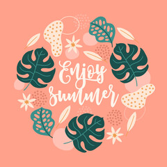 Summer greeting card with monstera leaves, plumeria flowers, abstract shapes