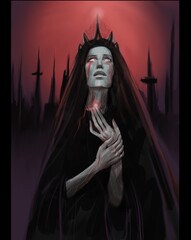 Praying woman. Dark character. Black and Red background. Bloody tears. Black crown.