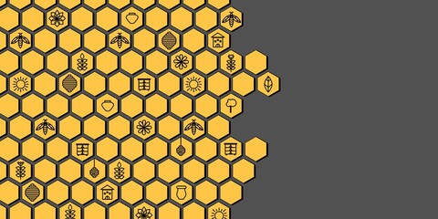 Pattern on the theme of beekeeping. Bees, honey, hive, honeycomb, flowers, all these elements are shown in the illustration 